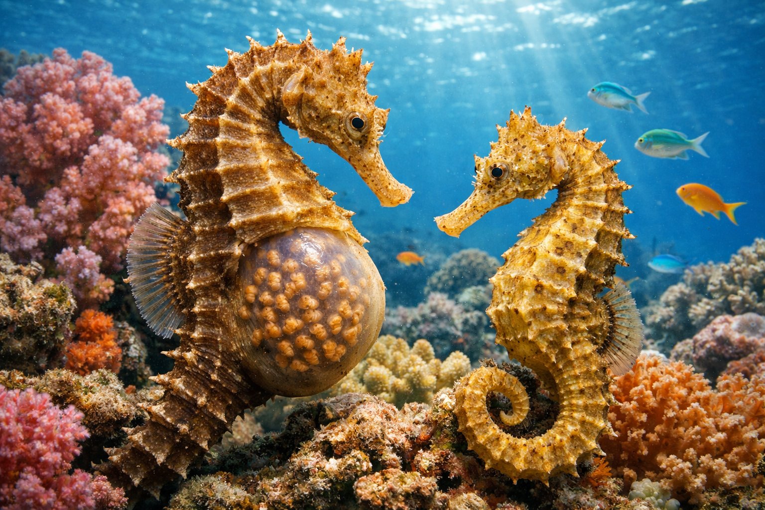 A pair of seahorses underwater with the male carrying embryos in a brood pouch among colorful coral and fish.