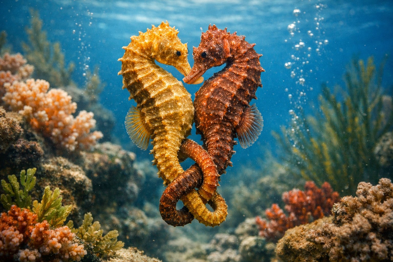 Two seahorses wrapped around each other underwater among coral and marine plants.