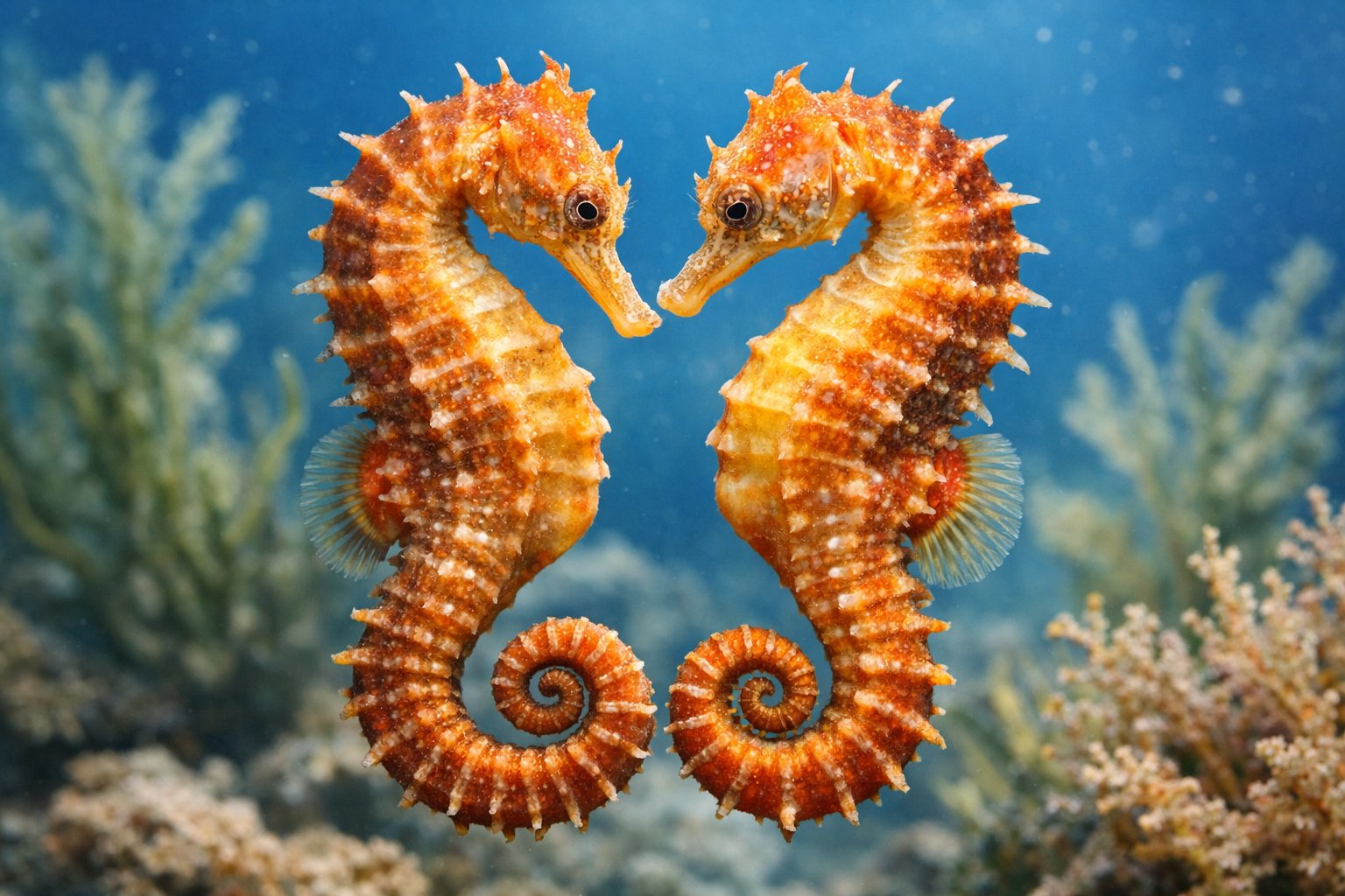 Two female seahorses close together underwater surrounded by seaweed and coral.