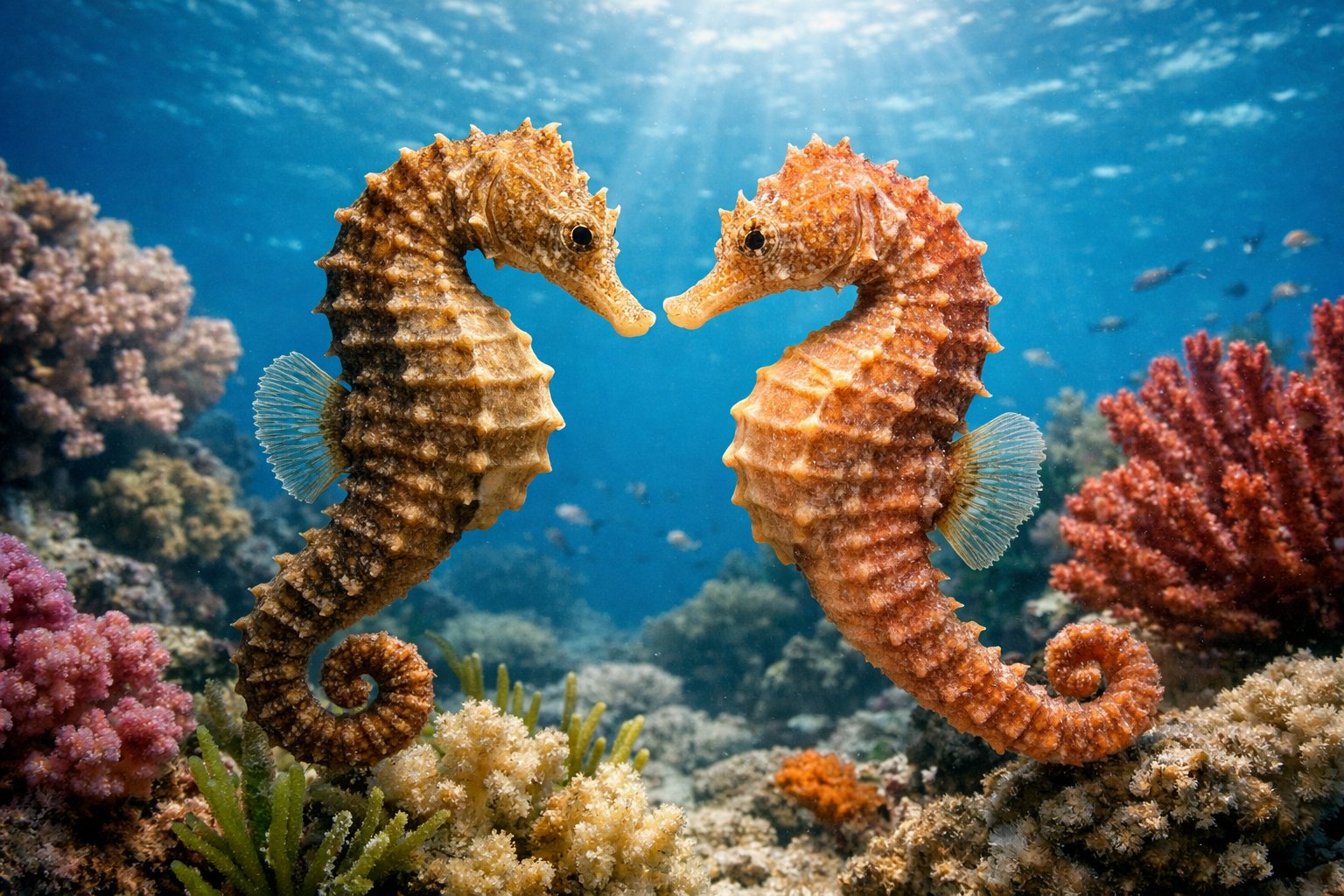 Two female seahorses swimming closely together among coral and aquatic plants underwater.