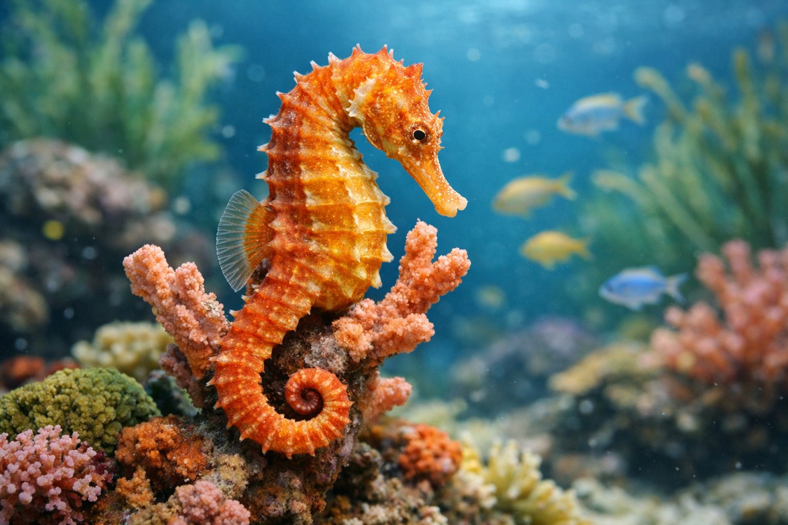A seahorse clinging to coral in a clear underwater reef with fish and plants around.