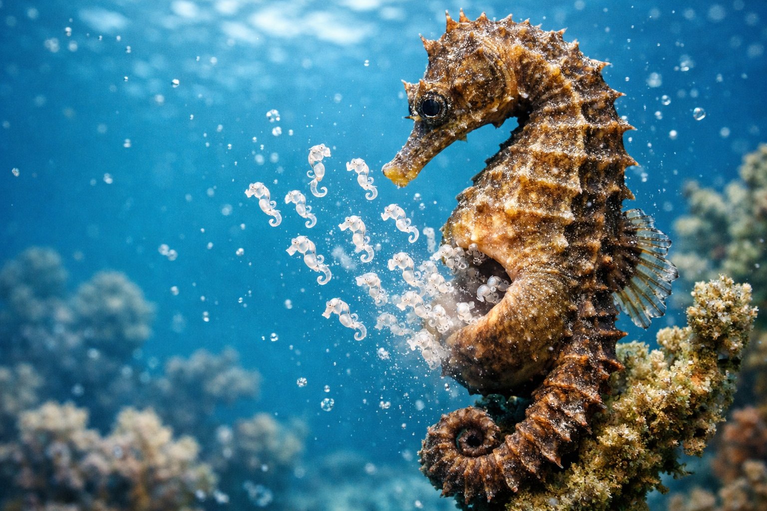 A male seahorse underwater releasing tiny baby seahorses into the ocean near coral.