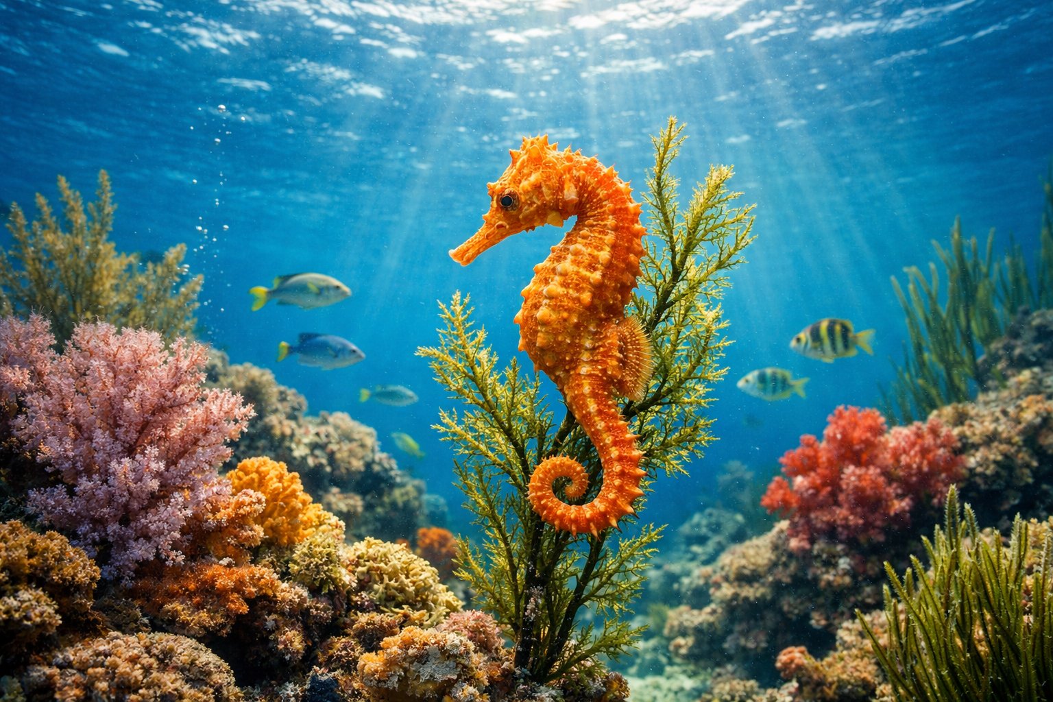 A seahorse clinging to seaweed underwater surrounded by coral and small fish in a clear ocean environment.