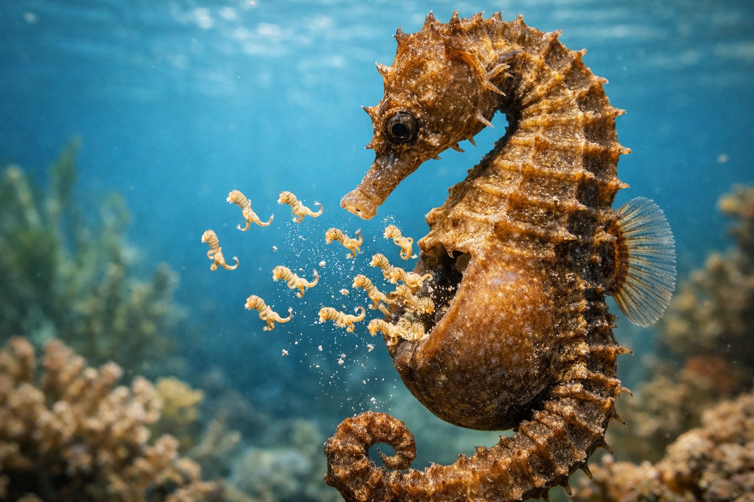 A male seahorse underwater releasing tiny newborn seahorses from its pouch.