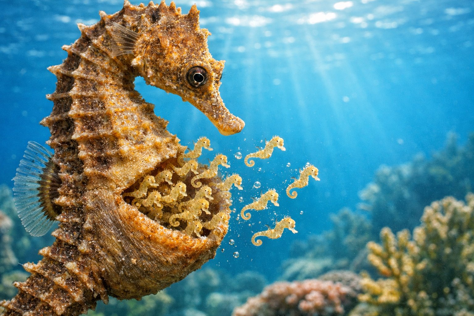 A male seahorse underwater carrying tiny baby seahorses emerging from his pouch surrounded by coral and aquatic plants.