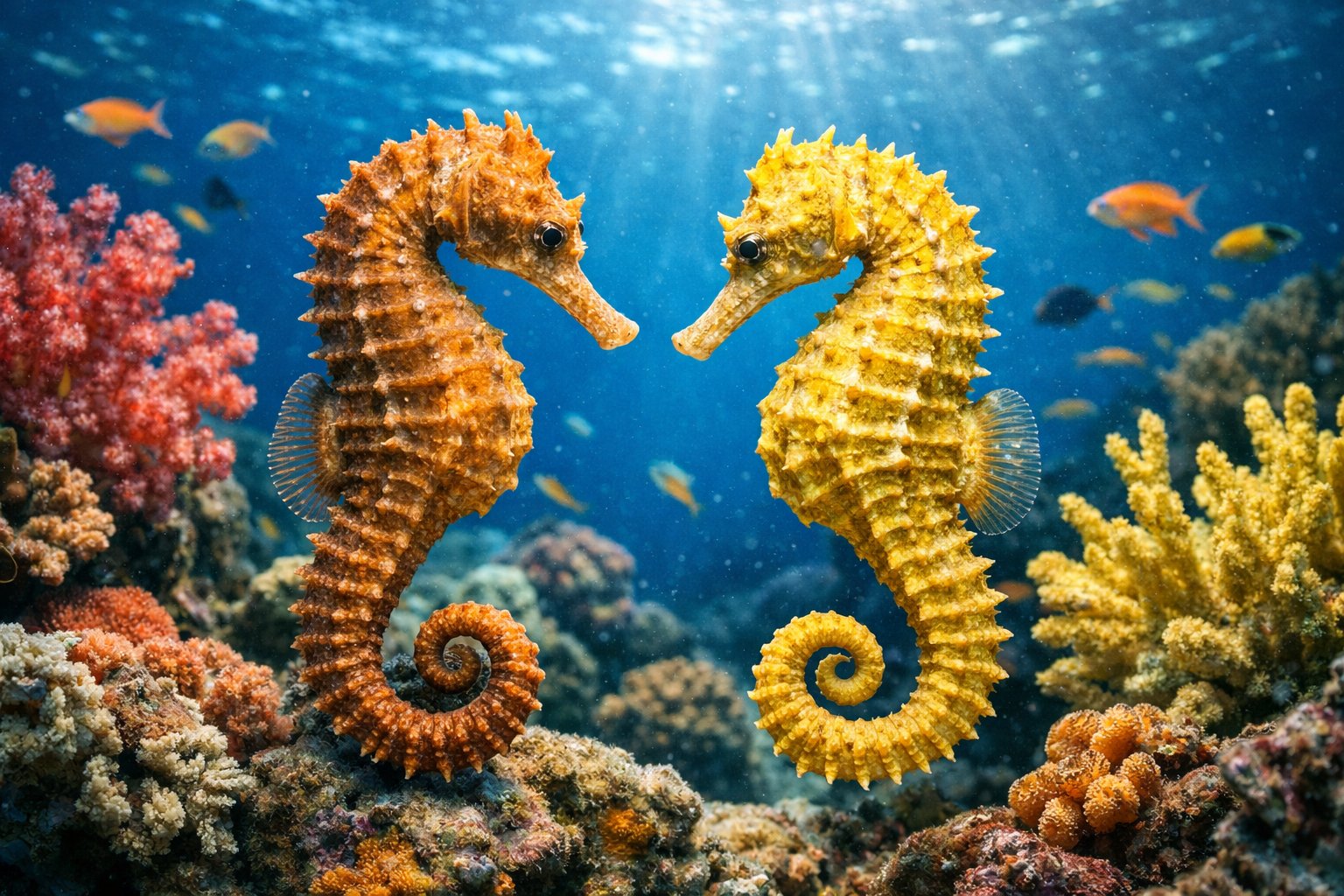 Two seahorses facing each other in a colorful coral reef underwater scene.
