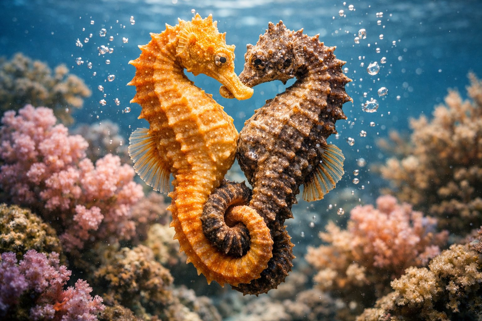 Two seahorses wrapped around each other’s tails underwater among coral reefs.