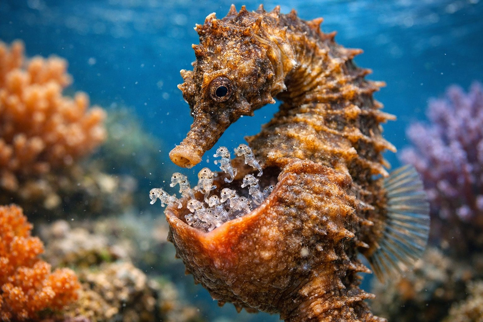 A male seahorse underwater with tiny baby seahorses emerging from its pouch among coral reefs.
