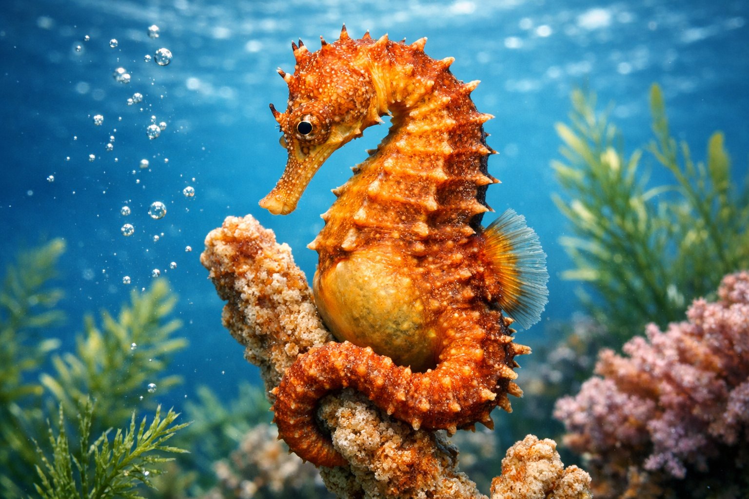 Close-up of a male seahorse underwater, curled around coral with aquatic plants in the background.