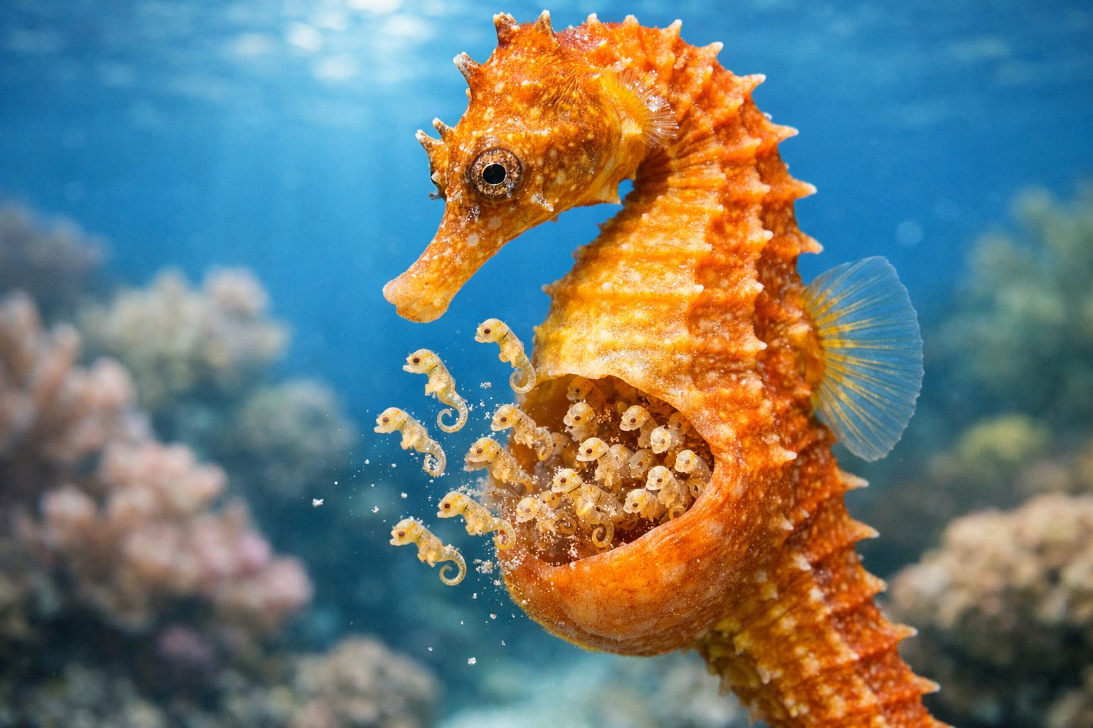 A male seahorse underwater carrying tiny baby seahorses in its brood pouch among coral reef.