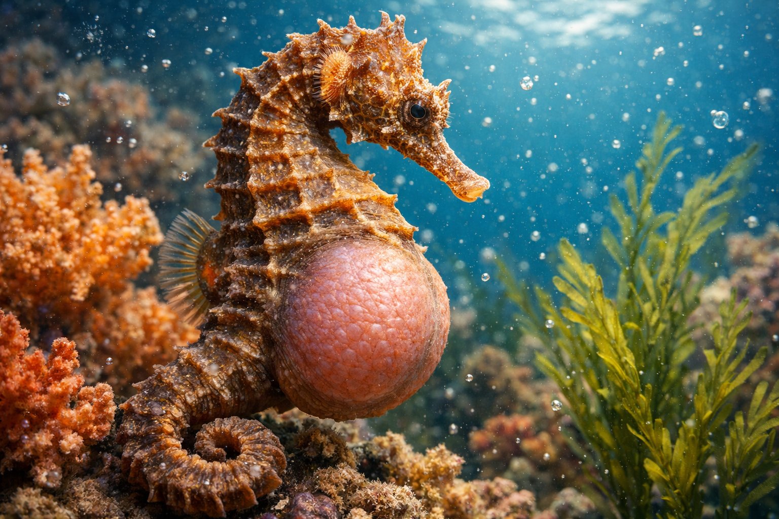 Close-up underwater image of a male seahorse with a swollen brood pouch among coral and aquatic plants.