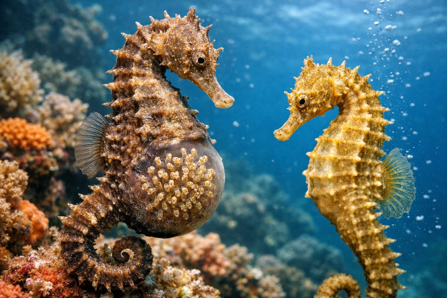 A male seahorse carrying tiny embryos in his brood pouch underwater near a female seahorse in a coral reef.