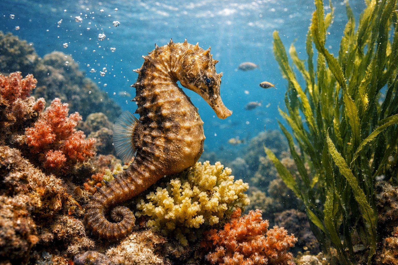 A female seahorse among coral and seaweed underwater shortly after mating.