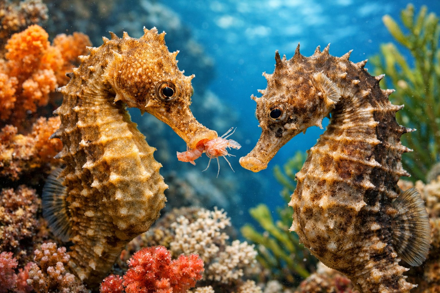 Two seahorses underwater near coral reefs, one eating a small shrimp.