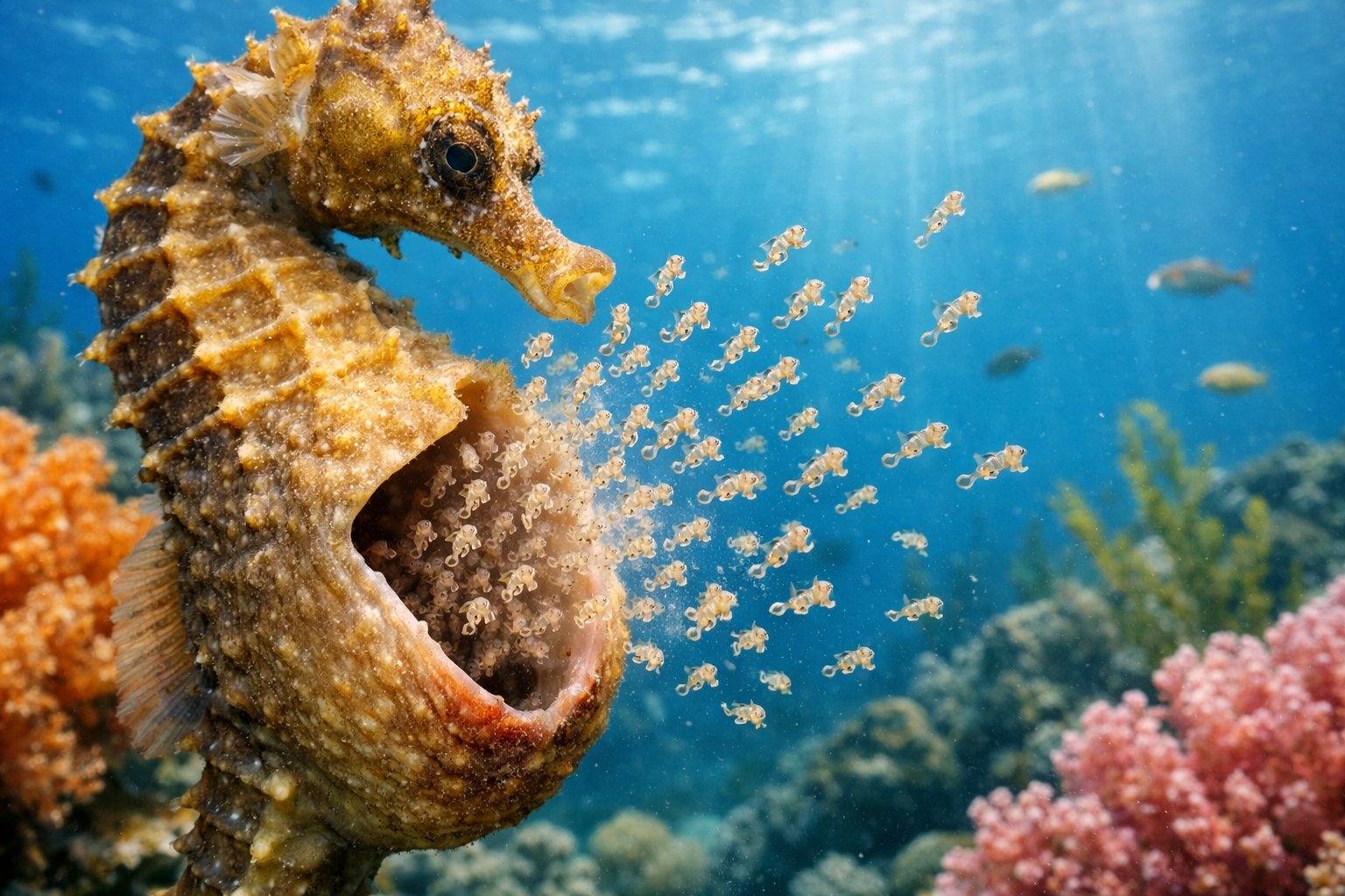A male seahorse releasing many tiny baby seahorses into the ocean near coral reefs.