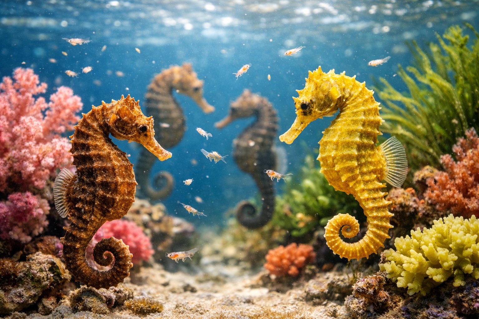 Close-up underwater scene showing seahorses swimming among coral and small marine creatures.