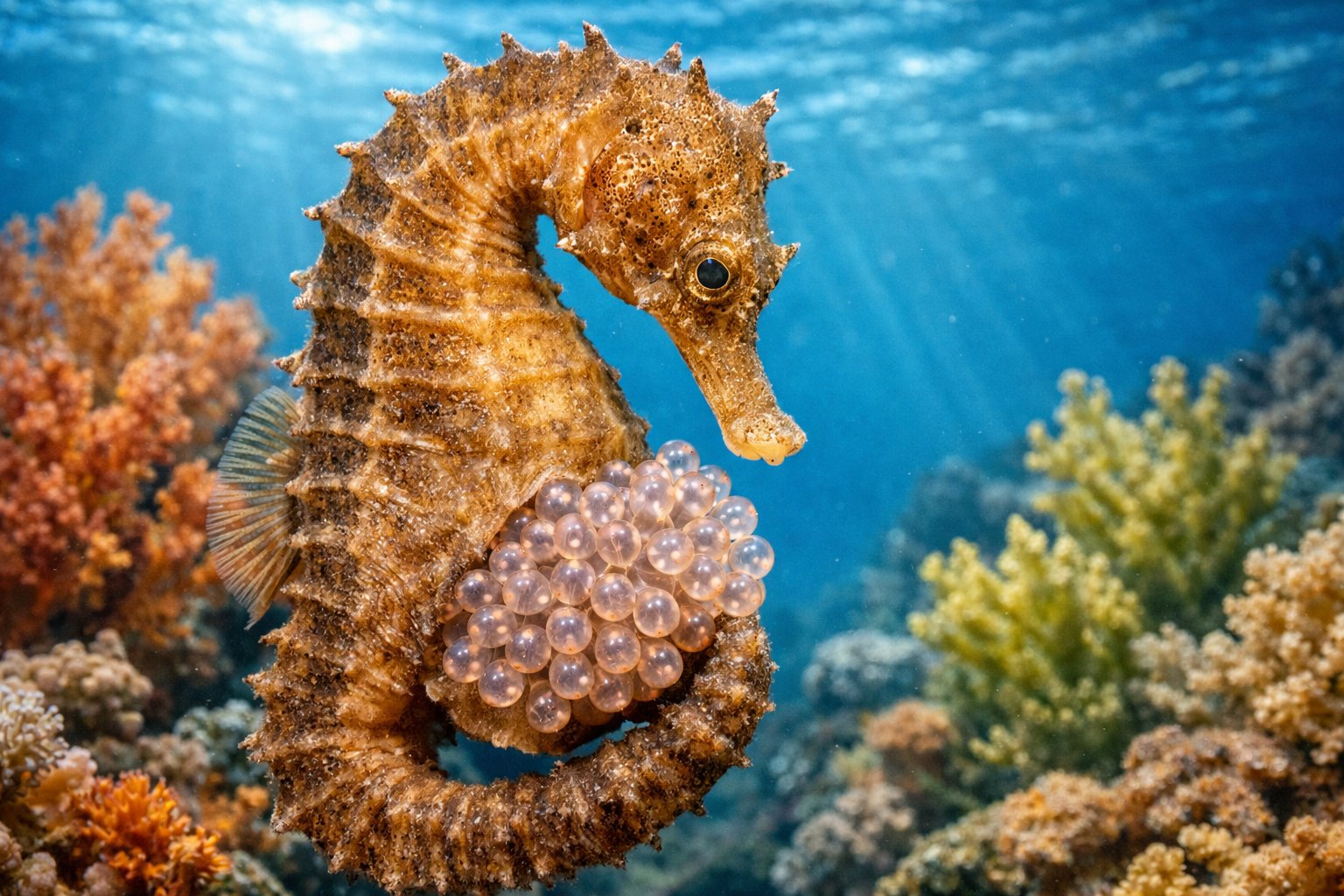 Close-up underwater image of a female seahorse with eggs attached to her abdomen among coral reefs.