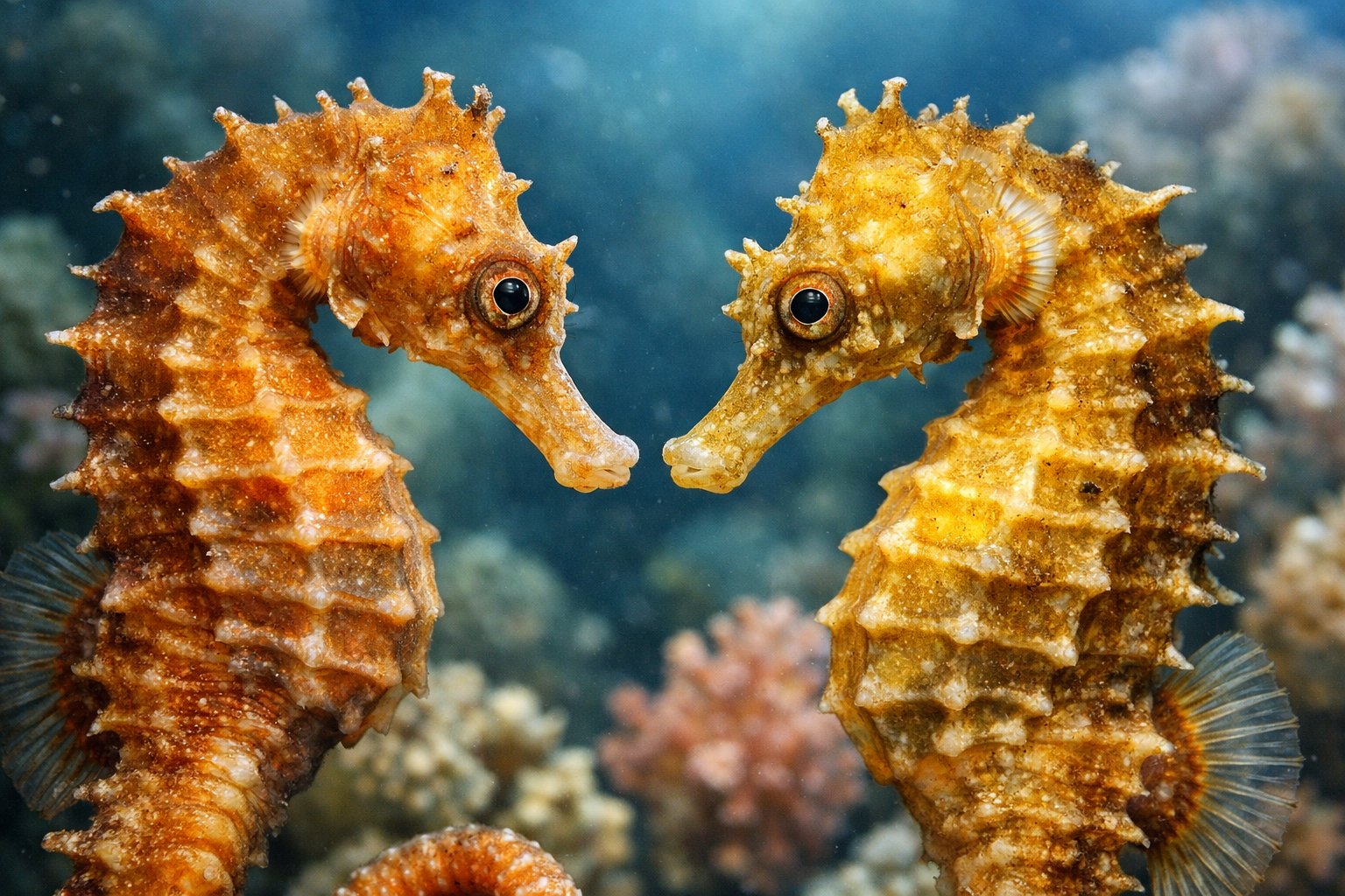 Two seahorses facing each other underwater near a coral reef.