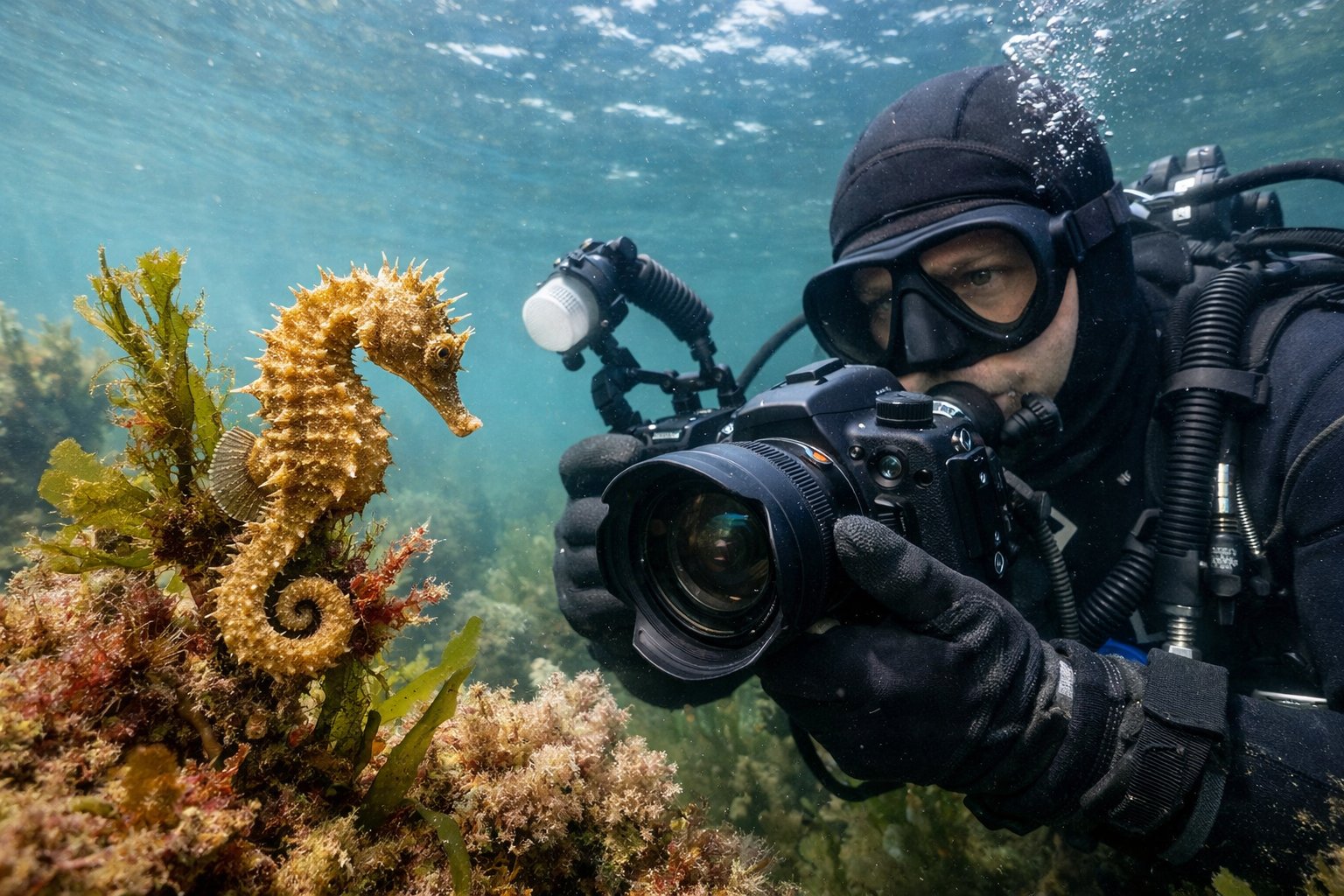 Underwater scene showing a seahorse clinging to seaweed while a diver photographs it carefully.