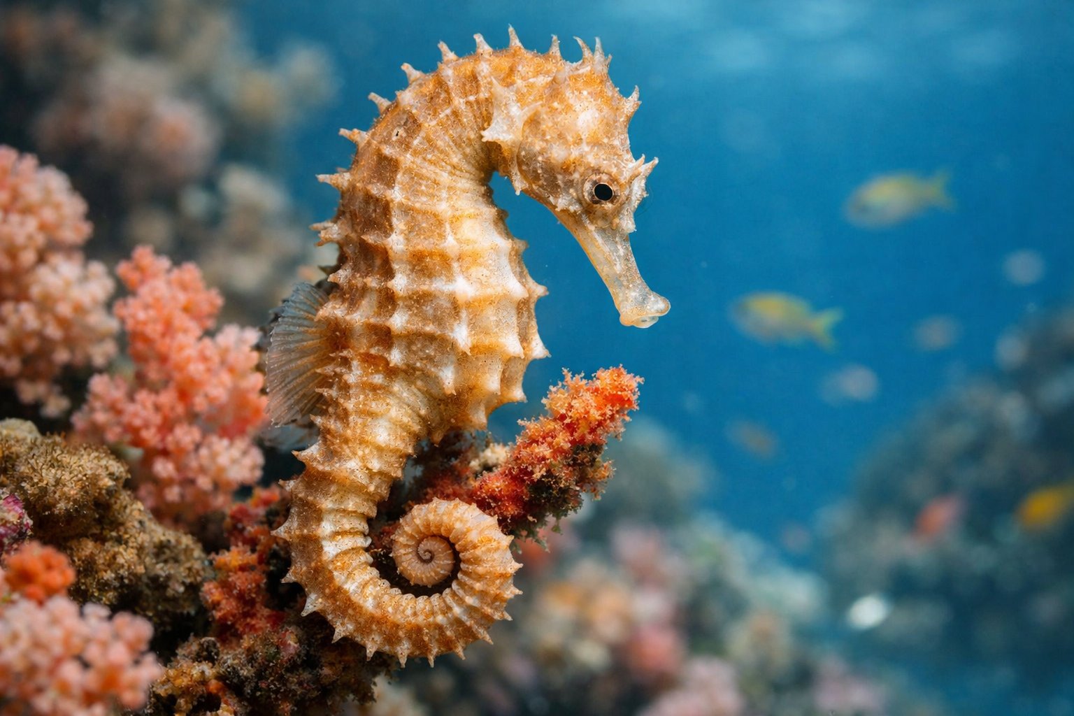 Close-up underwater view of a seahorse clinging to coral in a colorful reef.