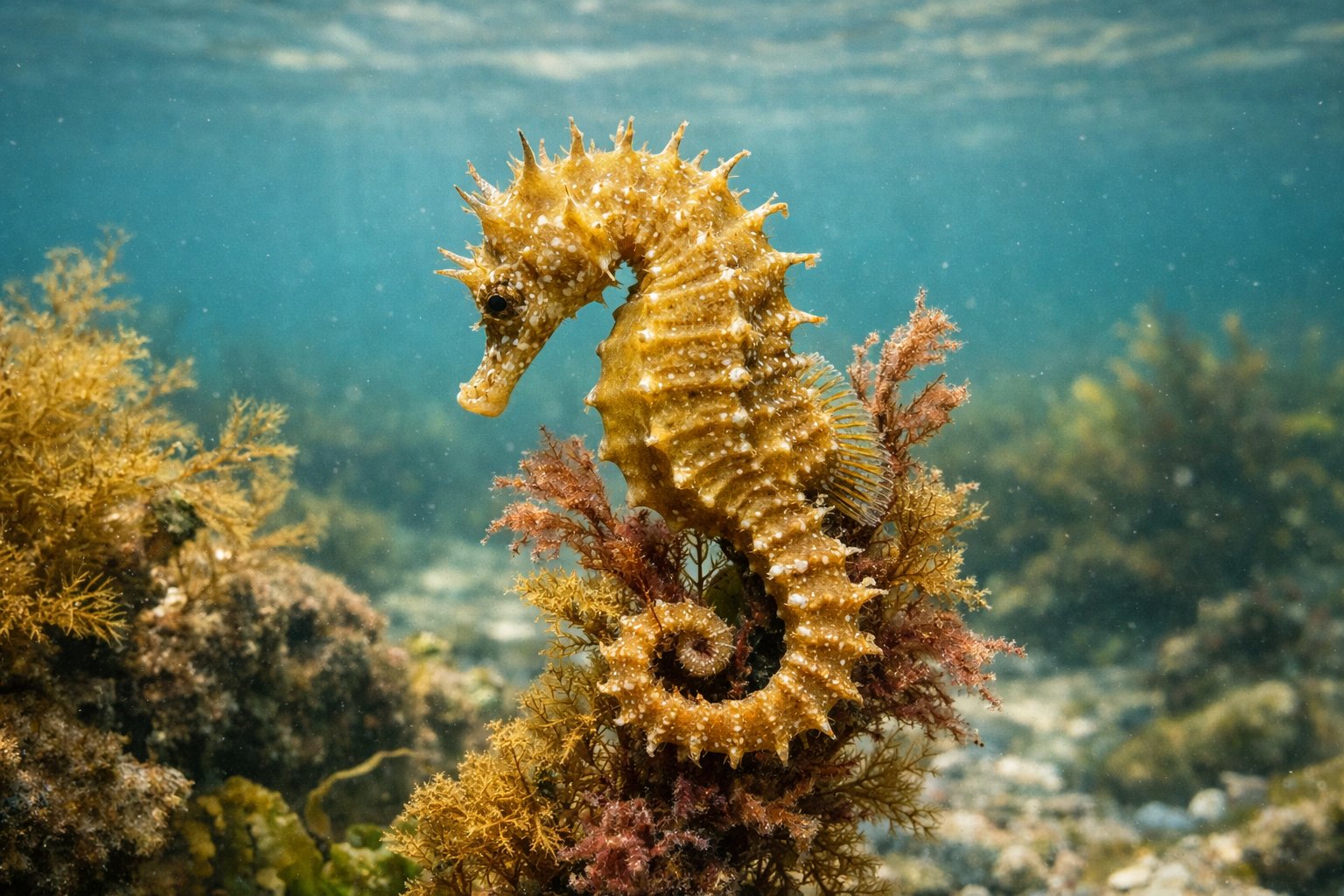 A seahorse clinging to underwater plants in clear coastal waters.