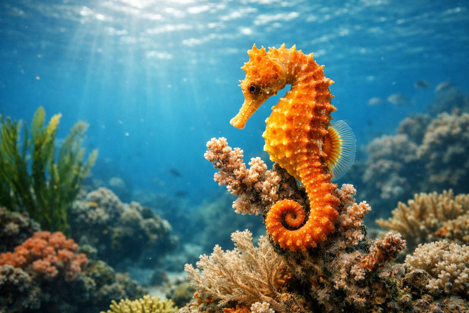 A close-up of a seahorse attached to coral underwater with sunlight filtering through the water.