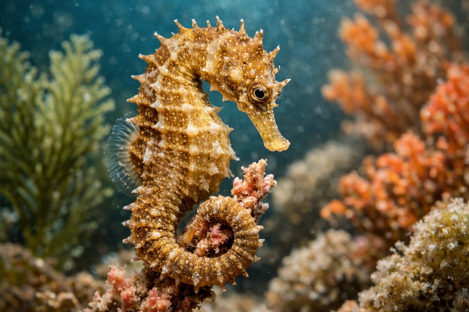 Close-up underwater image of a seahorse holding onto coral with its tail among marine plants.