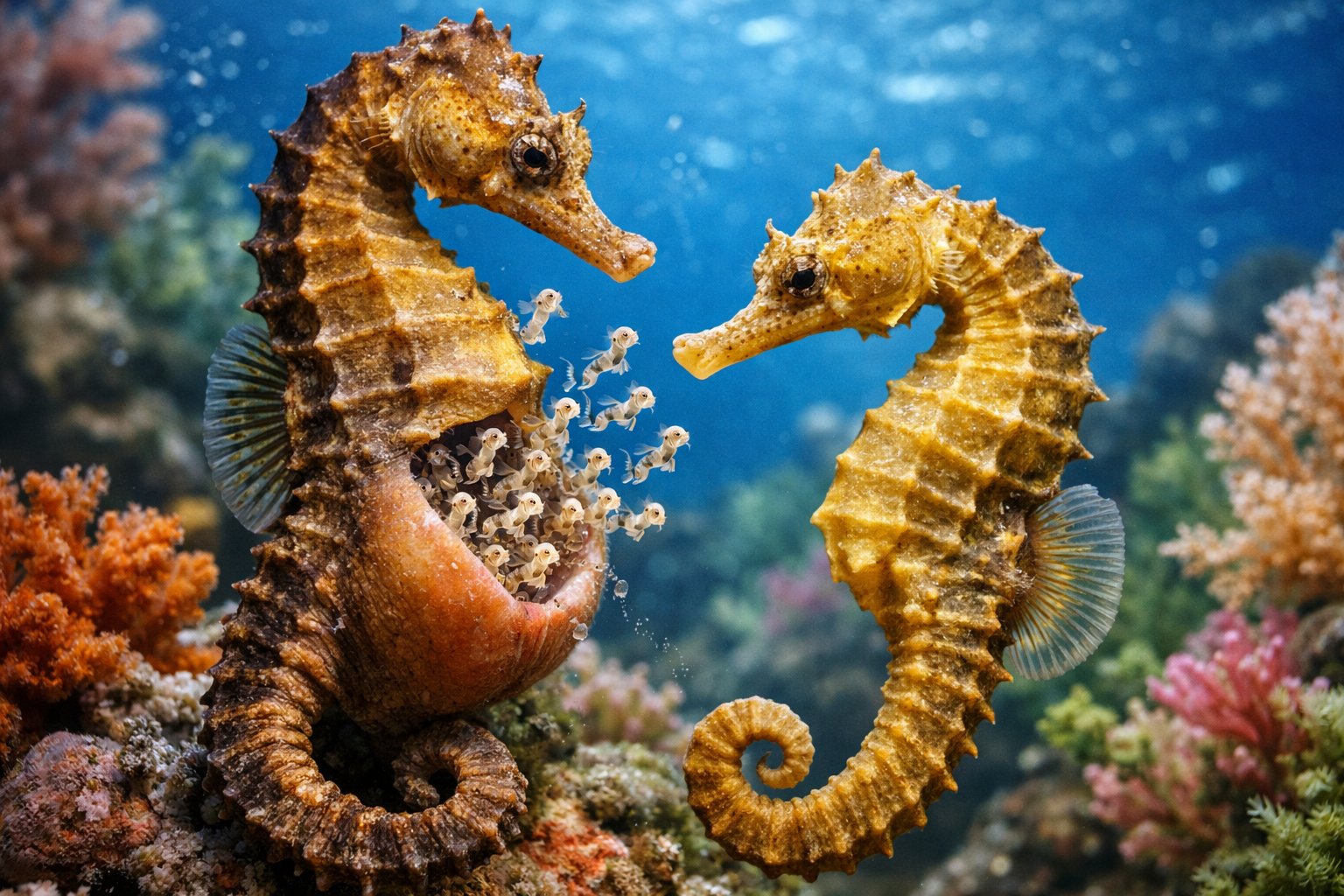 A male seahorse carrying baby seahorses in its pouch underwater near a female seahorse and coral reef.