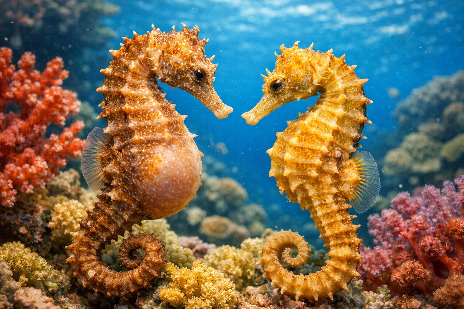 Two seahorses facing each other underwater near colorful coral reefs.