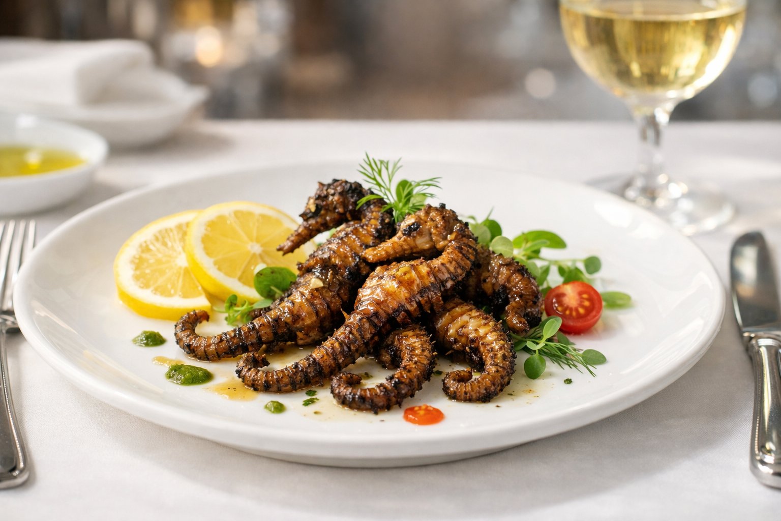 A plated gourmet seafood dish featuring seahorse meat with herbs and lemon slices on a white plate in a restaurant setting.