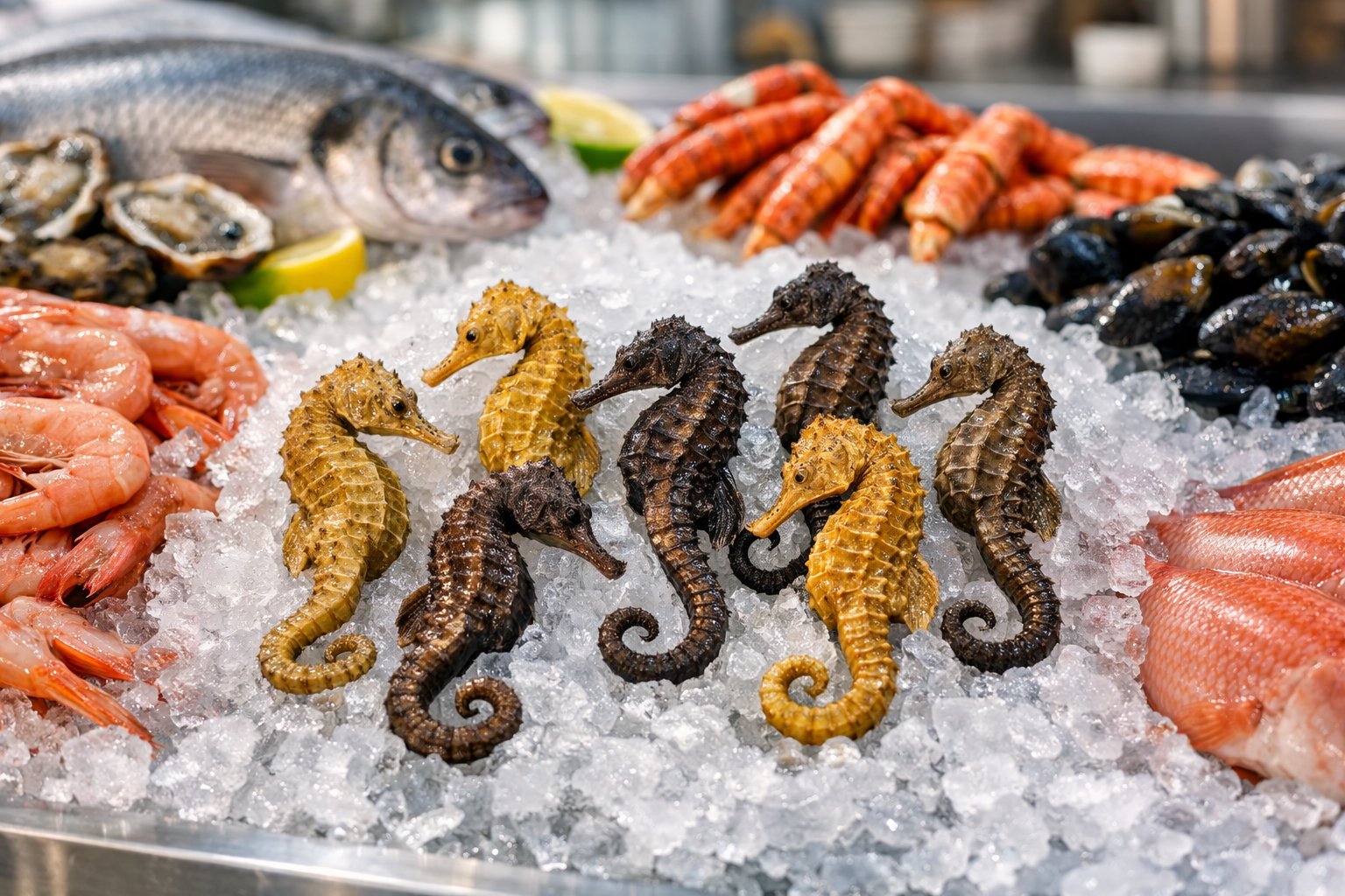Fresh seahorses displayed on crushed ice alongside other seafood in a market setting.
