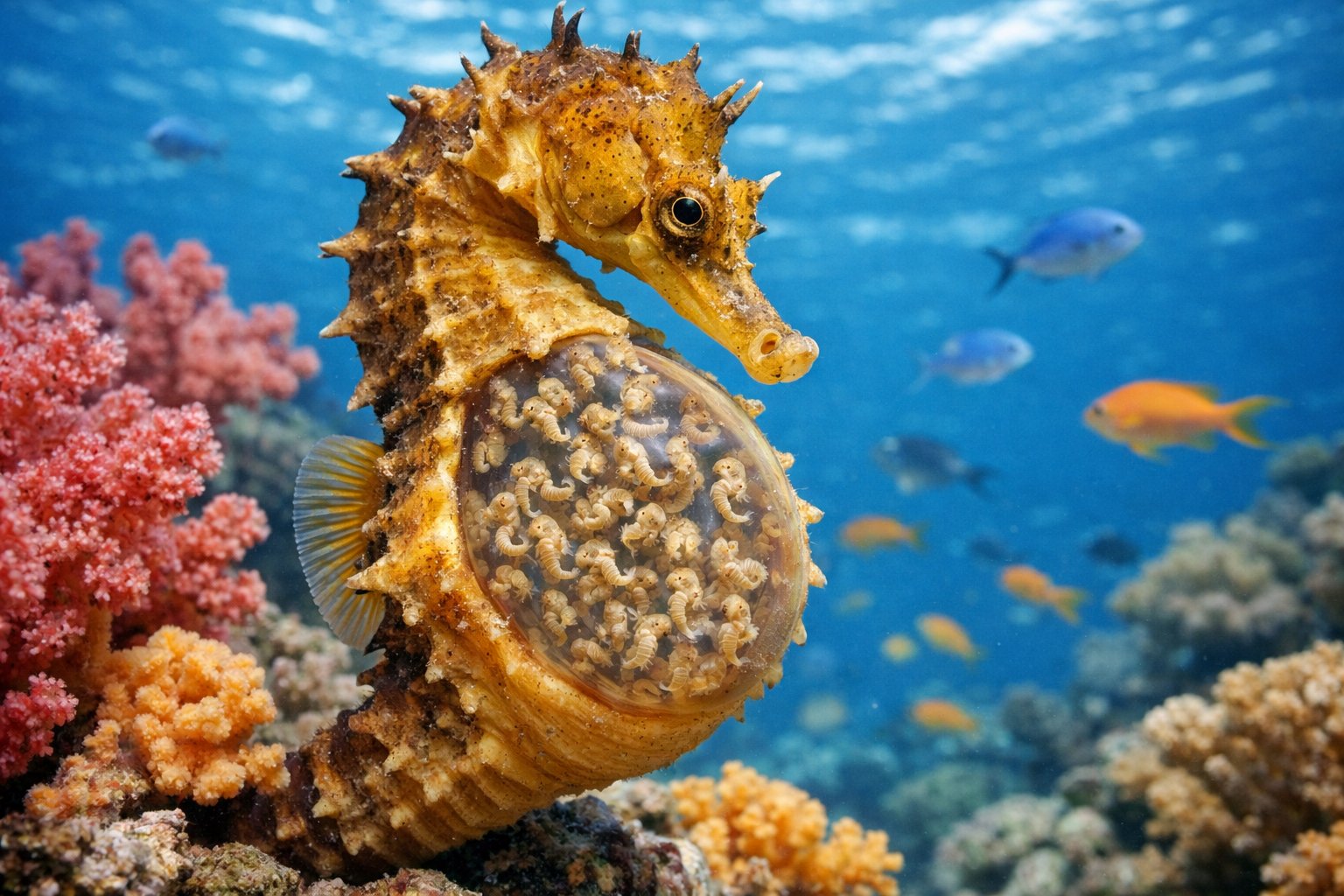 Close-up of a male seahorse underwater showing its brood pouch with baby seahorses surrounded by coral and fish.