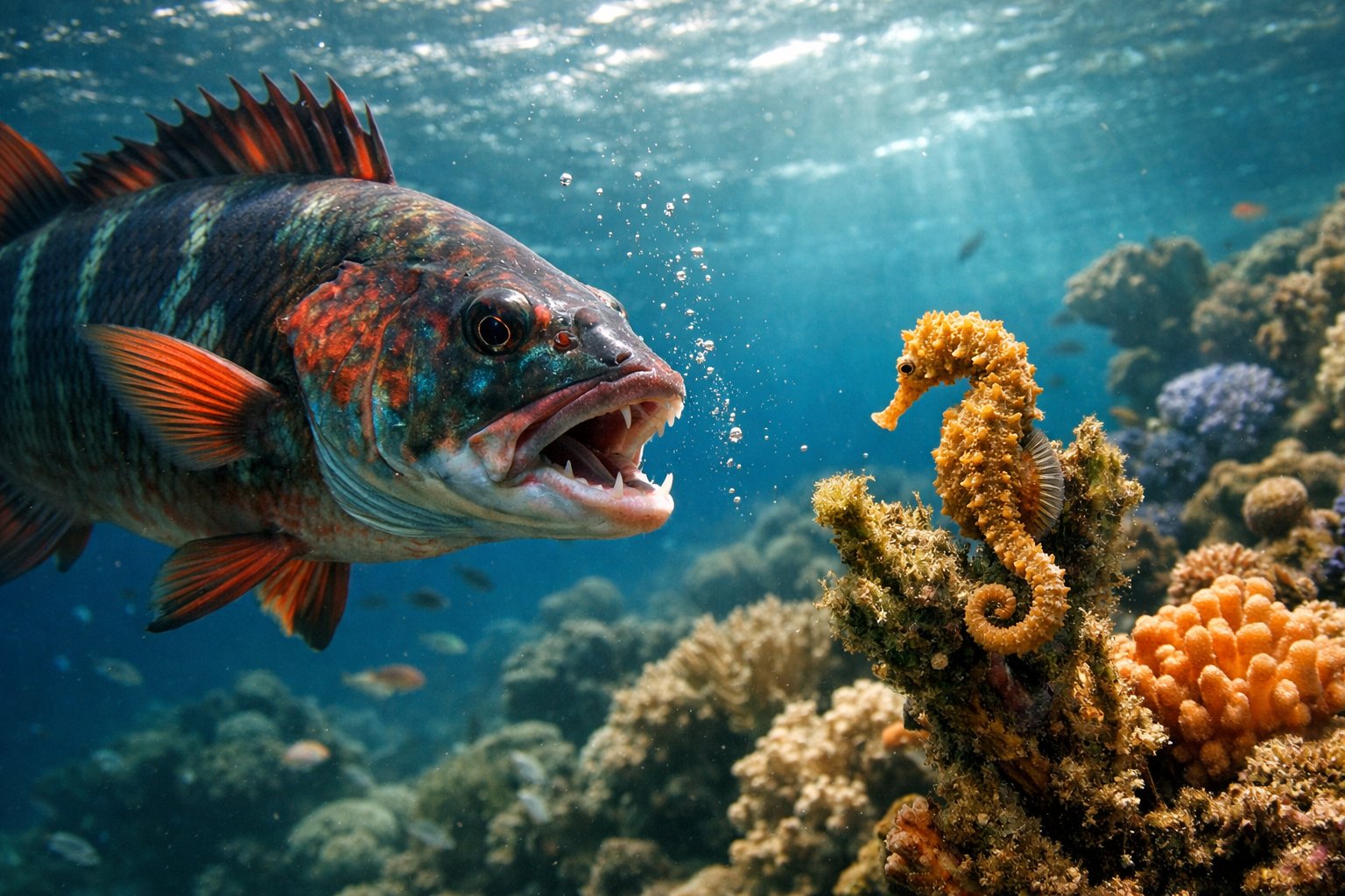 A large predatory fish approaching a small seahorse in a colorful coral reef underwater scene.
