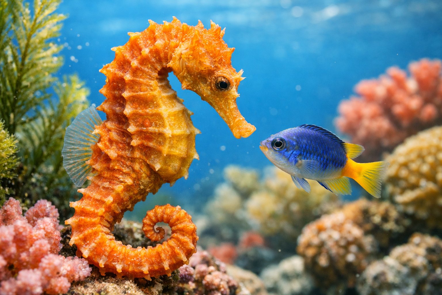 A close-up underwater view of a seahorse among coral reefs and aquatic plants.