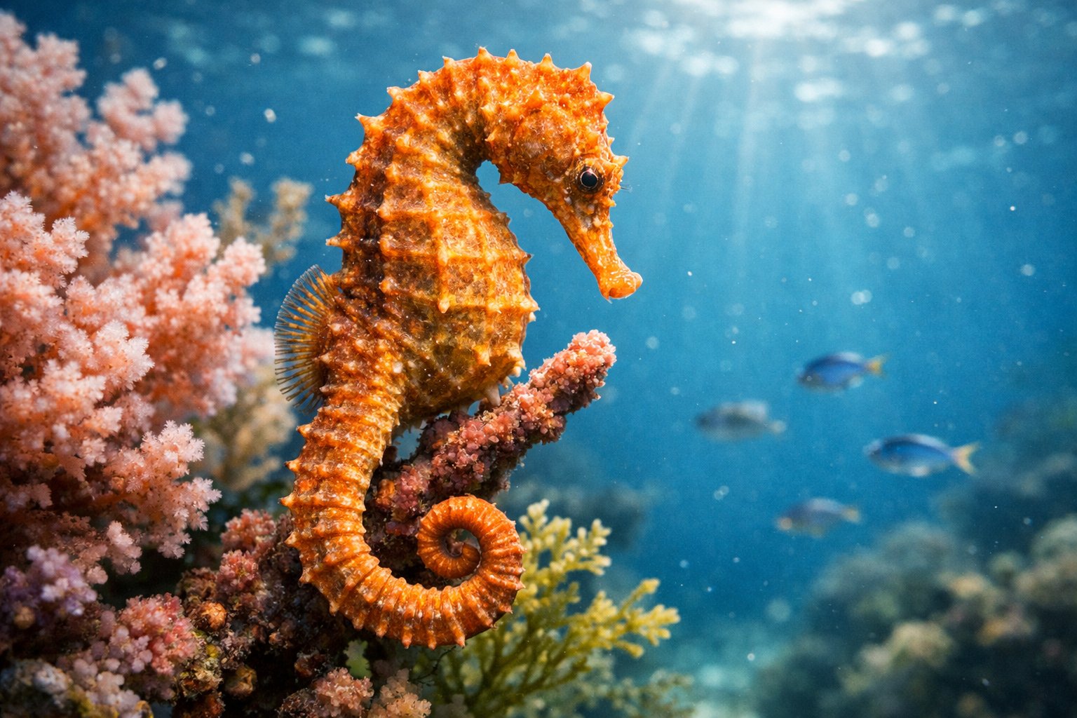 Close-up of a seahorse clinging to coral underwater with sunlight filtering through the water.