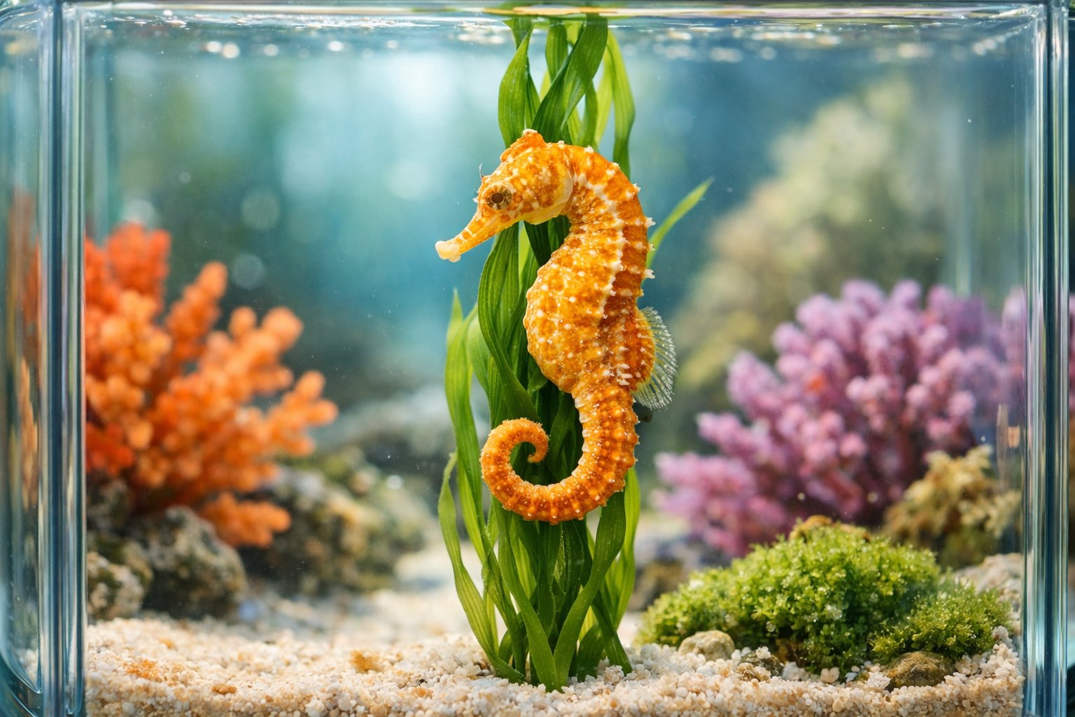 A seahorse inside a clear aquarium with aquatic plants.