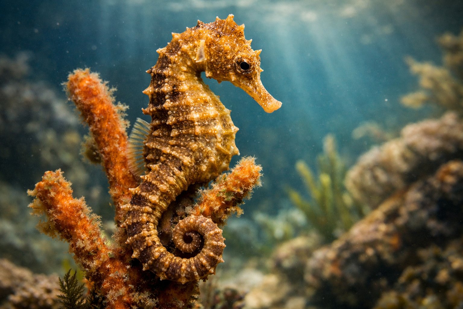 Close-up of a seahorse clinging to coral underwater with a blurred ocean background.