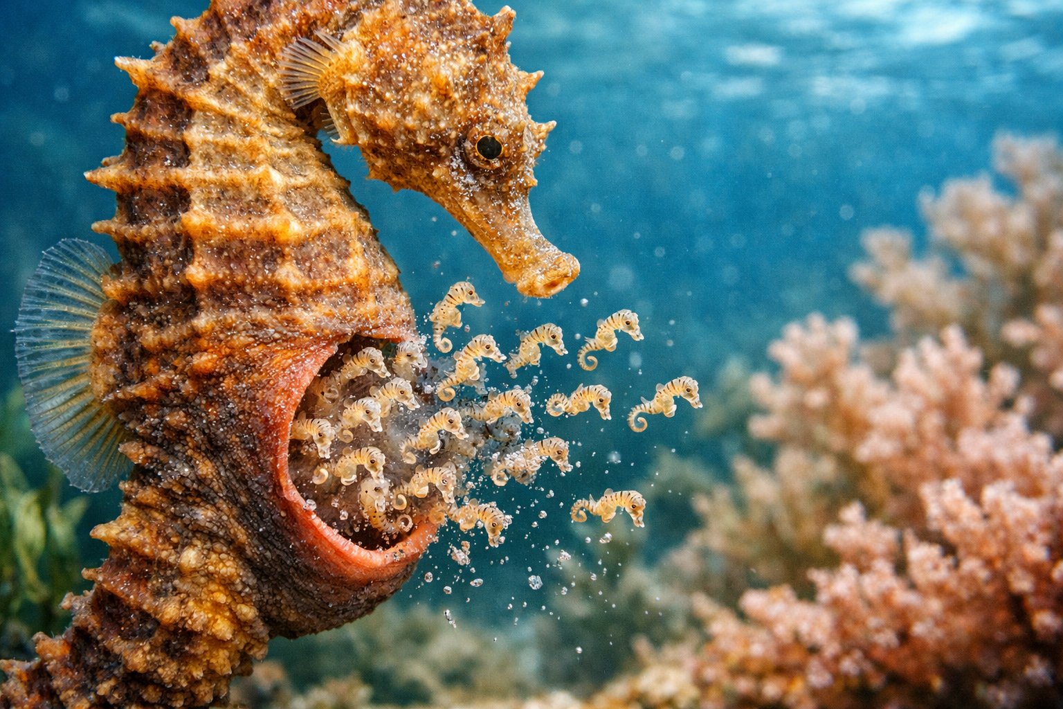 Close-up underwater view of a male seahorse with many tiny baby seahorses emerging from its pouch among coral and sea plants.