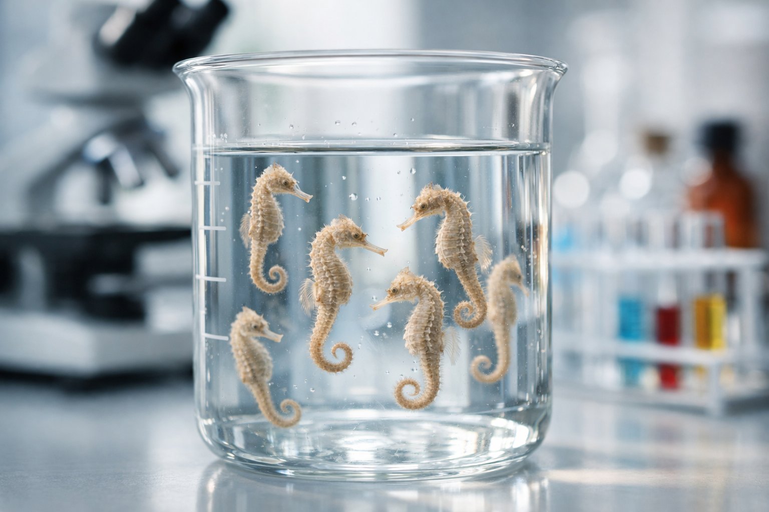 Close-up of a laboratory beaker containing seahorses floating in clear liquid with scientific equipment in the background.