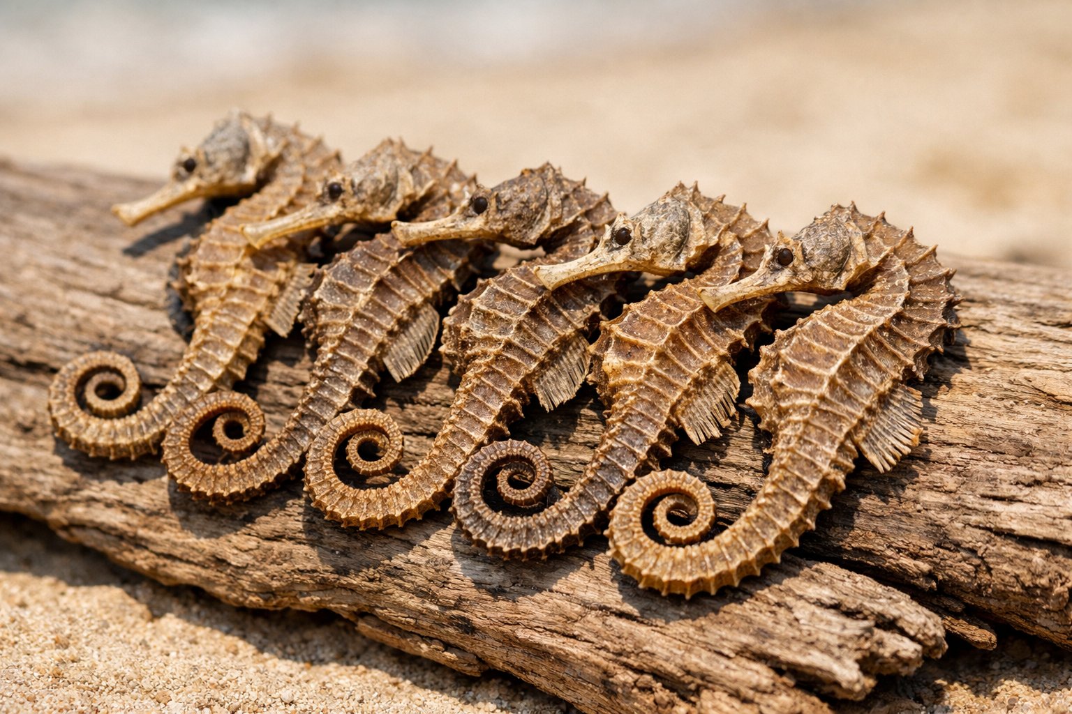 Close-up of several dried seahorses arranged on a natural surface with a blurred background.