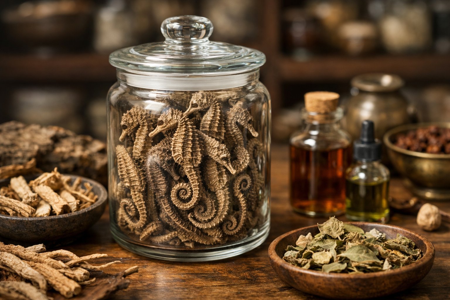 A close-up of dried seahorses in a glass jar on a wooden table surrounded by traditional herbal medicine ingredients in a natural healing setting.