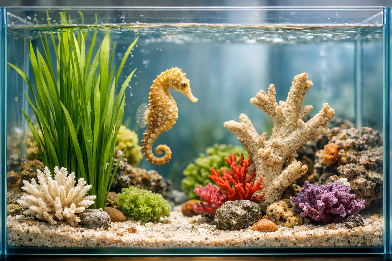 A clear aquarium tank with aquatic plants and a seahorse floating inside.