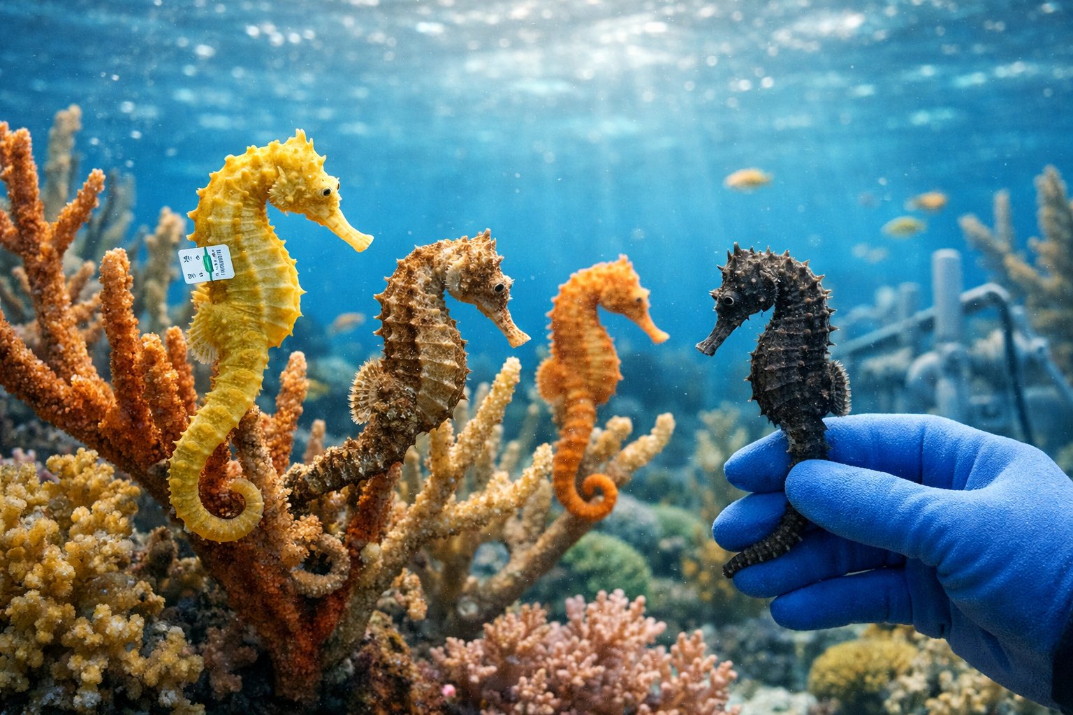 Underwater scene showing seahorses attached to coral branches in clear blue water with sunlight filtering through.