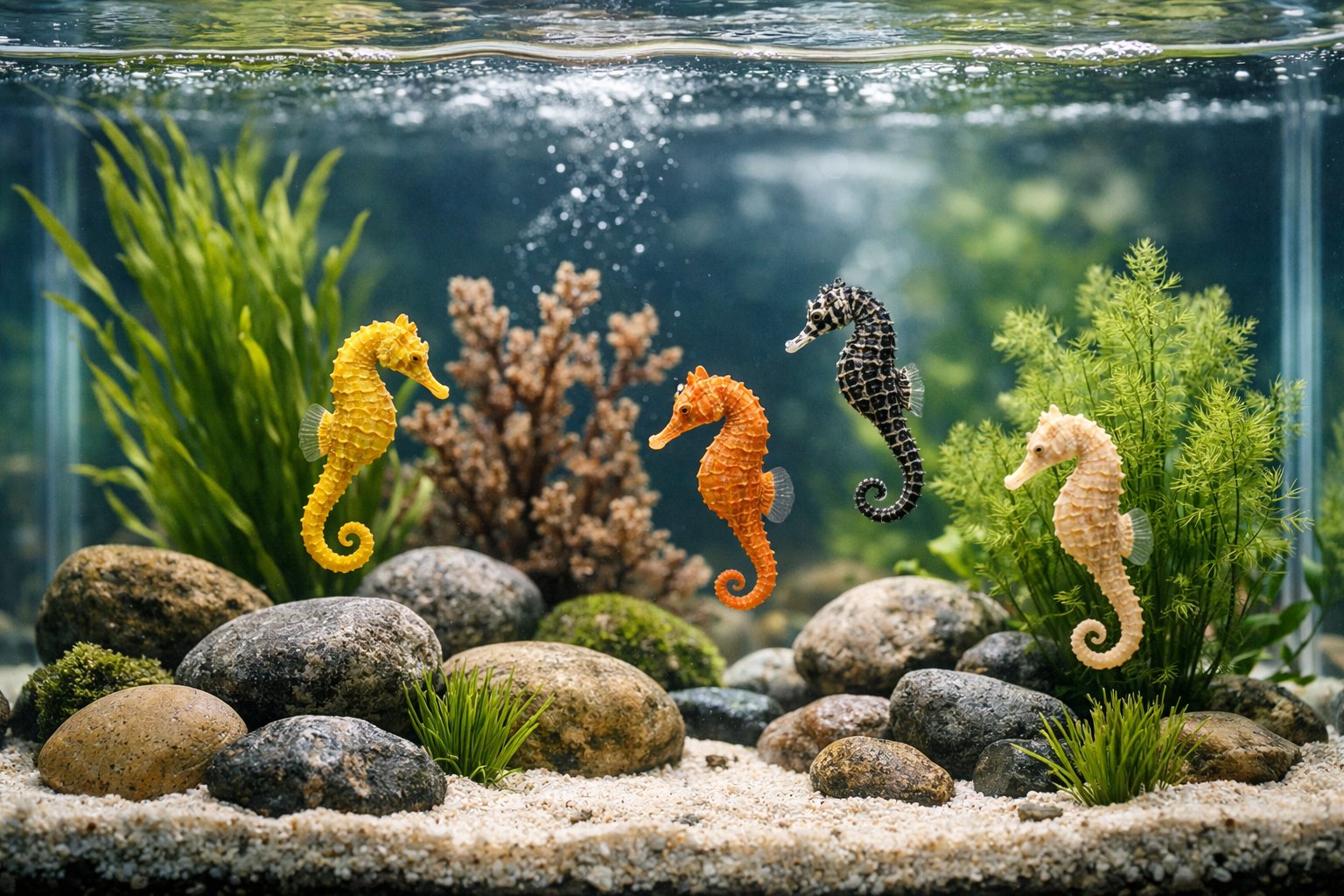 A medium-sized aquarium with clear water, aquatic plants, rocks, and several seahorses floating inside.