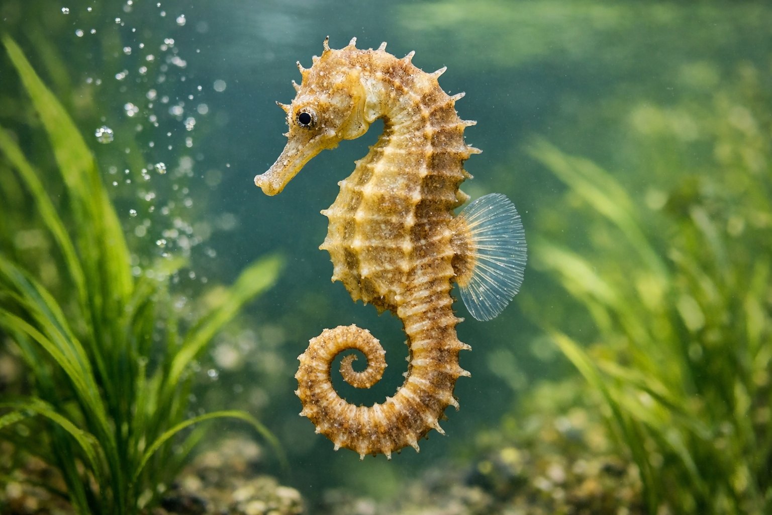 A fresh water seahorse swimming among green aquatic plants in clear water.