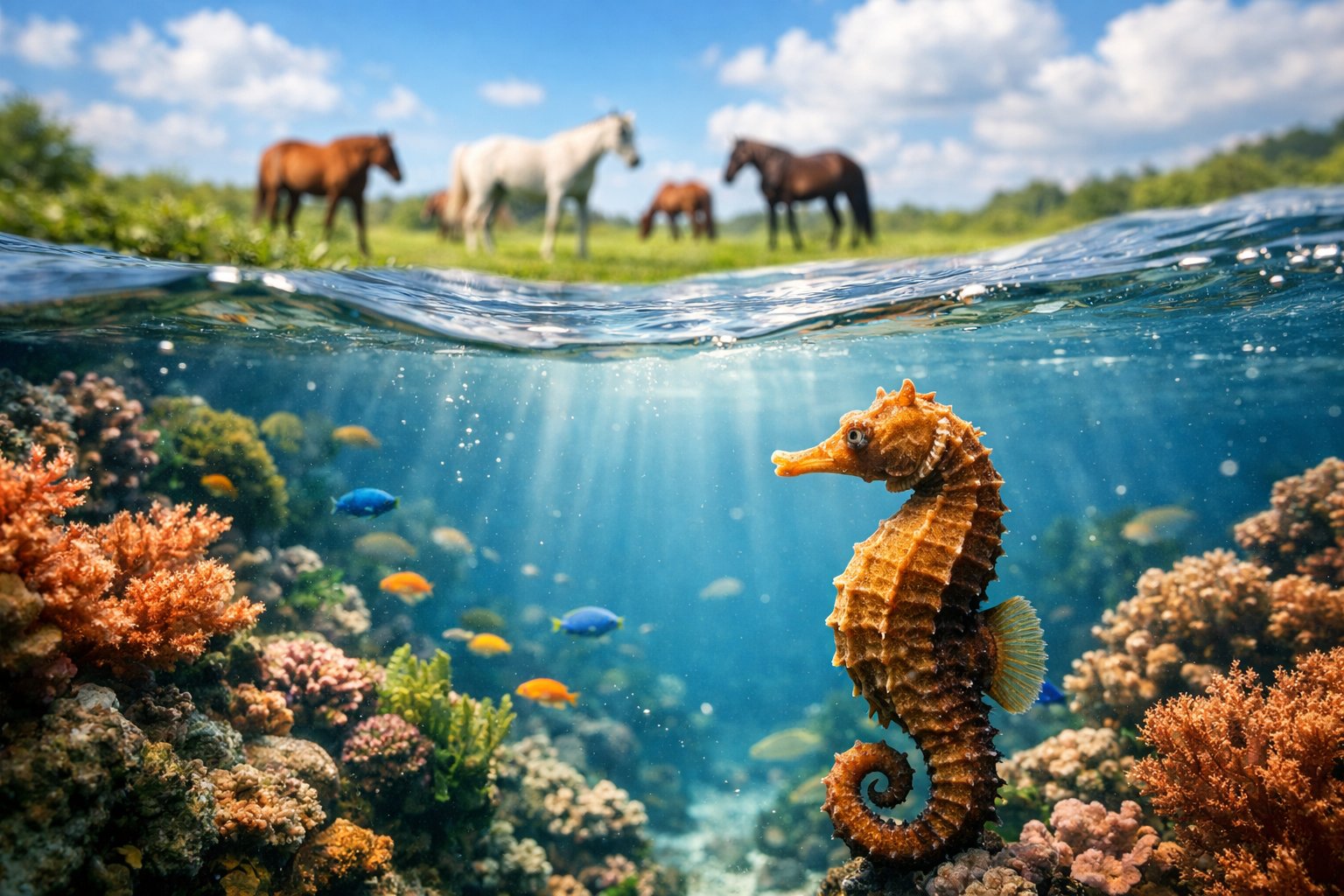 A seahorse underwater looking up towards horses grazing on a meadow above the water surface.