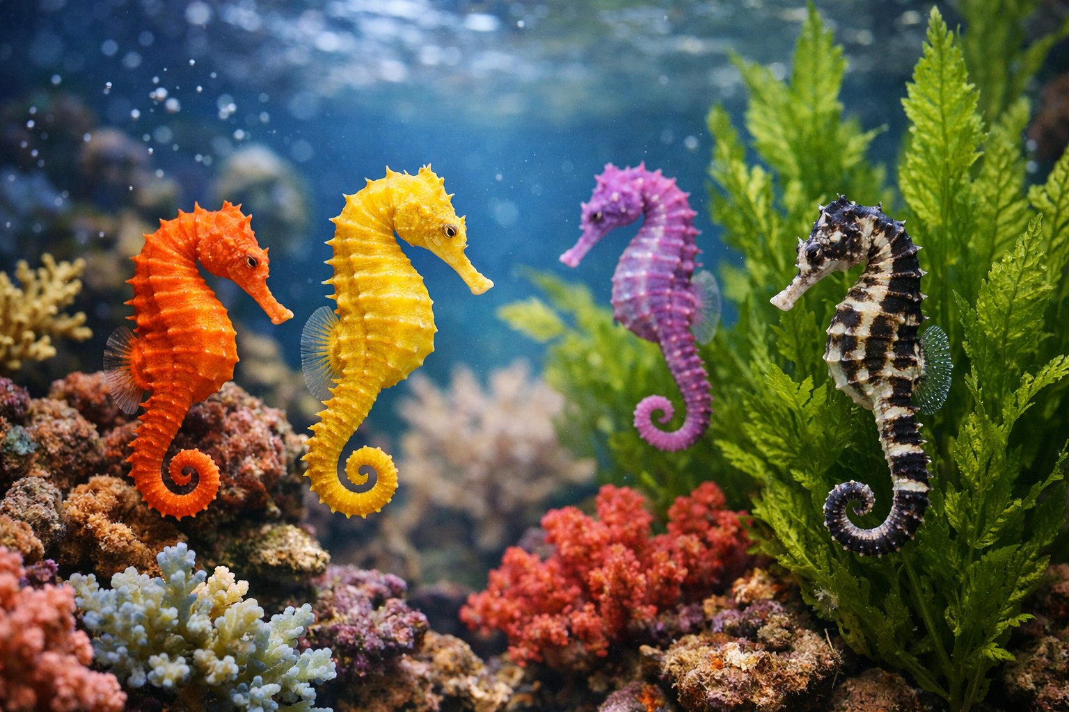 Several colorful seahorses swimming among green aquatic plants and coral in an aquarium.