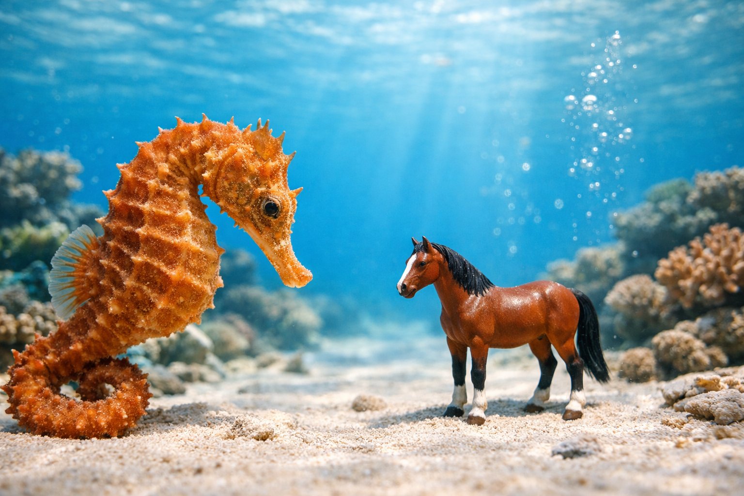 A seahorse underwater near a small model of a land horse on the ocean floor with coral and sunlight filtering through the water.