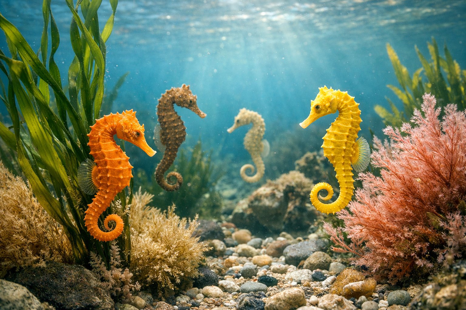 Several colorful seahorses floating among seaweed and coral underwater in clear coastal waters.