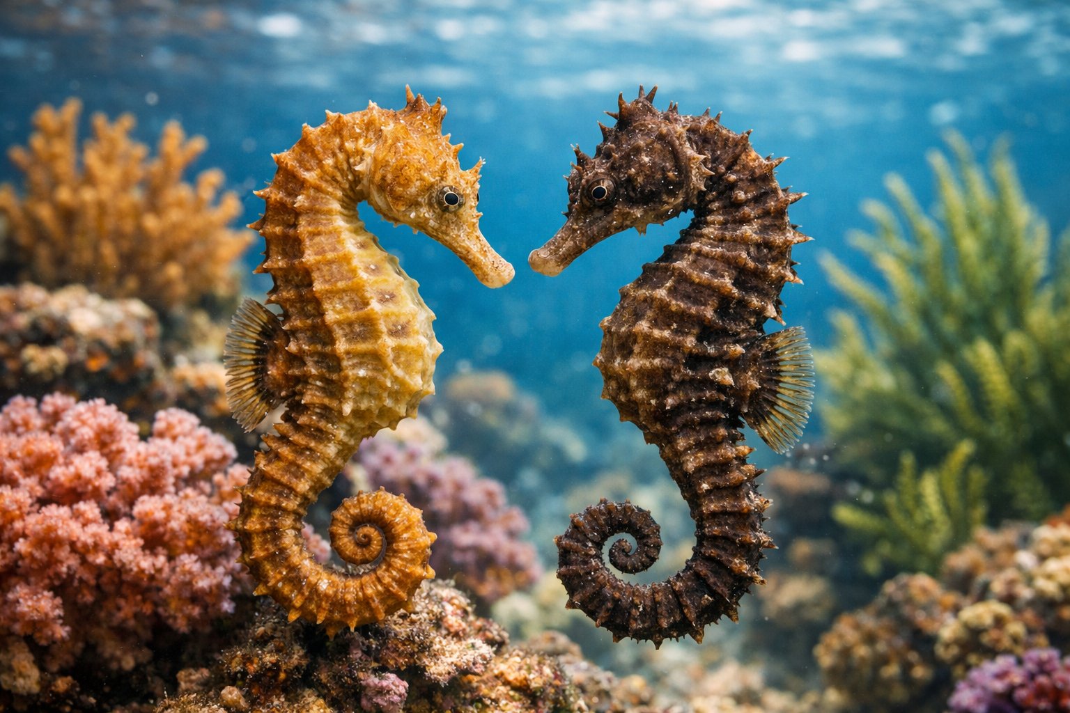Two seahorses facing each other among coral reefs underwater.